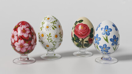 Illustration of four decorative easter egg with floral painting on stand