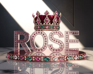 Illustration of jeweled crown sits atop the word rose made of sparkling letter