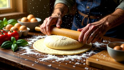 Hands rolling dough with rolling pin on floured table