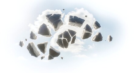 Shattered earth fragments floating in a light, cloudy sky, creating an abstract and ethereal scene isolated on white background