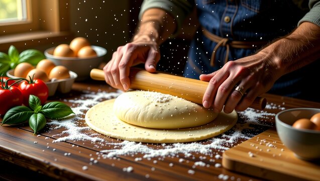 Hands rolling dough with rolling pin on floured table