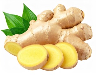 Ginger rhizome, sliced, with green leaves