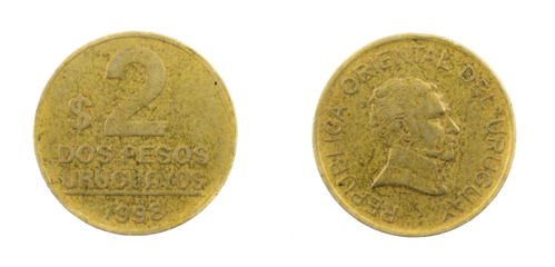Uruguay two pesos coin on a white isolated background