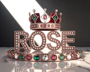 Illustration of rose name spelled with diamond letters under a crown
