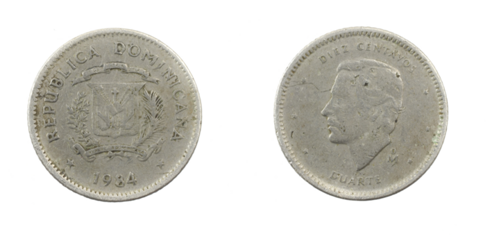 Dominican Republic ten centavos coin on white isolated background