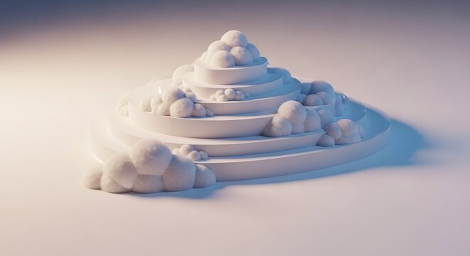 Abstract white tiered structure with soft, cloudlike spherical elements creating a serene and minimalist artistic composition