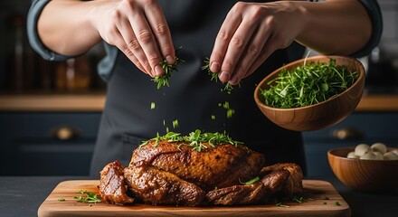 Gourmet chef meticulously garnishing a perfectly roasted chicken with fresh aromatic herbs in a kitchen setting