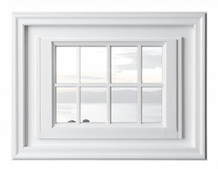 Framed window view; white, coastal mountains, calming scene