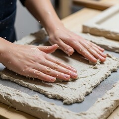 Hands shaping a damp mixture, creating organic textured frame element
