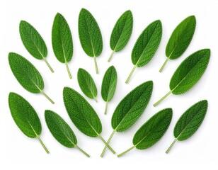 Naklejka premium Green sage leaves arranged on white