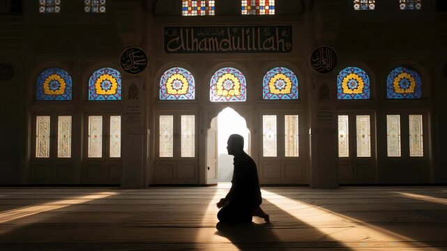 Man Kneeling in Prayer in a Mosque with Stained Glass Windows