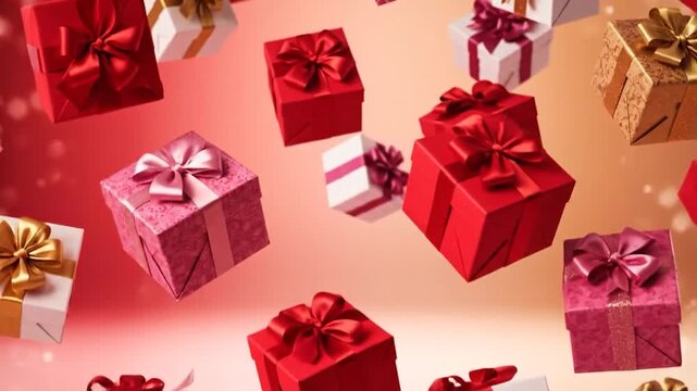 Colorful gift boxes with ribbons float against a gradient background