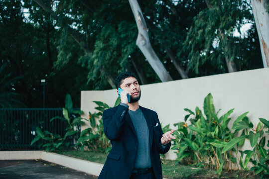 Elegant man gesturing on the phone in the city. Businessman explaining over the phone in the park