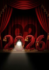Year 2026 Spotlight on Stage - A theatrical display of the year 2026 on a stage with red curtains and a bright spotlight