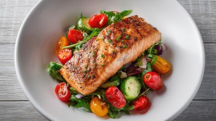 Grilled Salmon on Fresh Vegetable Salad: Healthy Seafood Meal in White Bowl