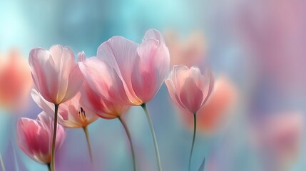 Delicate and dreamy close-up of pink tulip flowers with gentle blurring, Delicate floral arrangement on a pastel background
