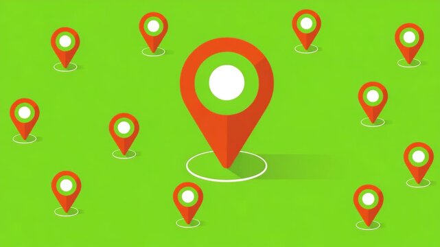Multiple red map pins scattered on a green textured background