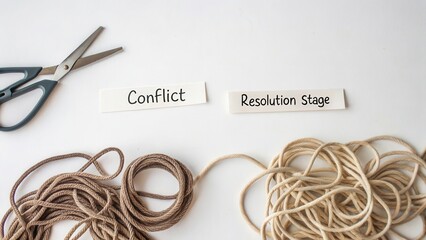 Conflict to Resolution Stage Illustration with Scissors and Twisted Cords Highlighting Problem-Solving Process
