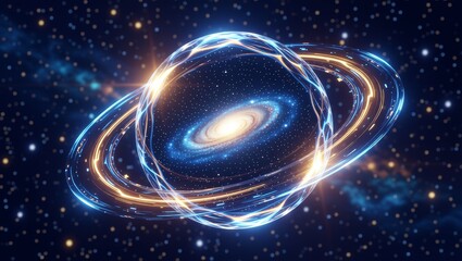 Glowing rings encircling spiral galaxy in deep space