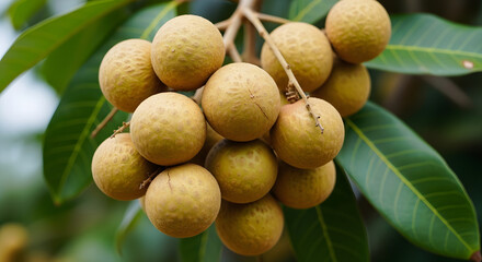 A fresh bunch of ripe tropical longan fruit hanging from a tree branch.