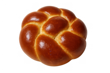 Braided challah bread for shabbat and holidays. Cooked golden brown, displaying delicious texture. Transparent background