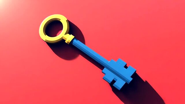 Colorful key on a vibrant red background casting shadows