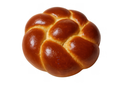 Braided challah bread for shabbat and holidays. Cooked golden brown, displaying delicious texture. Transparent background