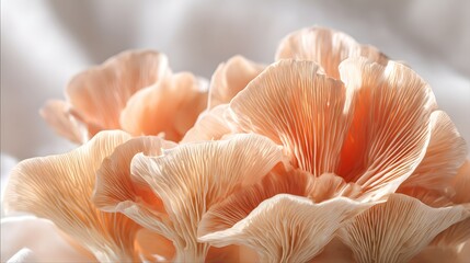 Fototapeta premium Close-up of delicate pink oyster mushrooms with visible gills and soft lighting.