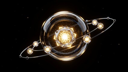 Glowing crystal with orbiting rings in space
