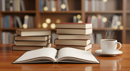 Naklejka premium Open book with blank pages on a wooden table next to a cup of coffee.