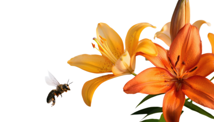 Honey Bee Flying Toward Vibrant Orange Lily Flower – Dynamic Pollination Moment, Spring Nature Macro Photography, Beautiful Insect and Blossom Interaction