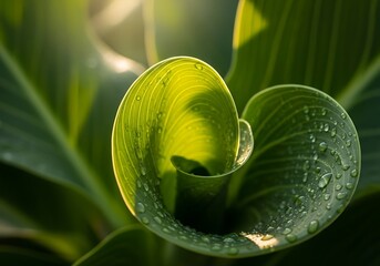Invigorating leaf curl adorned with glittering water droplets illuminated
