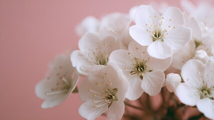 Close-up of delicate white flowers with a soft pink background, showcasing their intricate petals and vibrant centers.