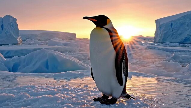 Majestic Emperor Penguin Standing in Antarctica at Sunset or Sunrise