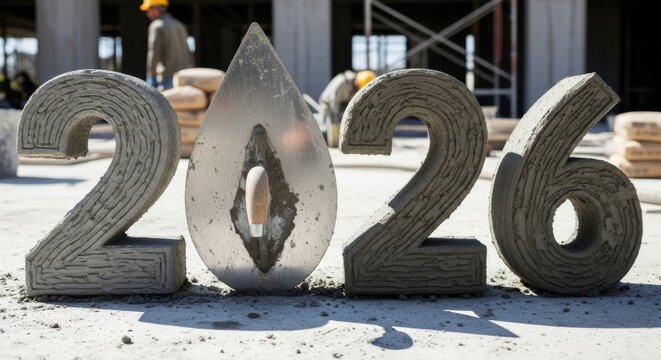 Construction Project Year Two Thousand Twenty Six - Cement numbers forming 2026, a trowel on a construction site with workers in the background symbolizing a building project completion year