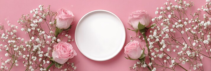 Elegant pink roses and baby's breath framing a white plate on a soft pink background in a flat lay style