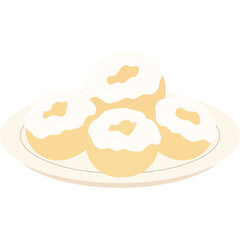 Stack Of Five Round Yellow Donuts With White Frosting On A Small White Plate With Dotted Edge Isolated On A White Background
