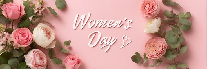 Women's day message surrounded by roses and eucalyptus leaves on a pastel pink background design