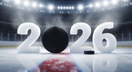 Hockey 2026 Season - Hockey puck with year 2026 on rink, bright stadium lights shining down