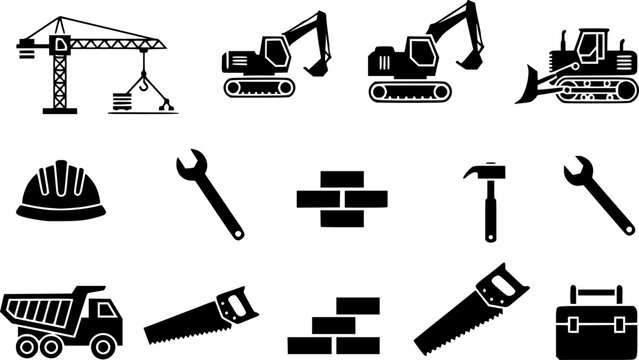 Construction Equipment Icons Heavy Machinery, Tools & Building Materials Set
