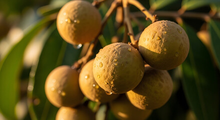 Fresh longan fruits with water droplets hanging on a tree branch in natural light.