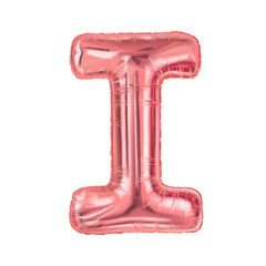 Letter I pink foil balloon hand drawn illustration with shine. Puffy metallic shape with soft highlight. Great for birthday card design and holiday decor. Ideal for festive Valentines Day poster.