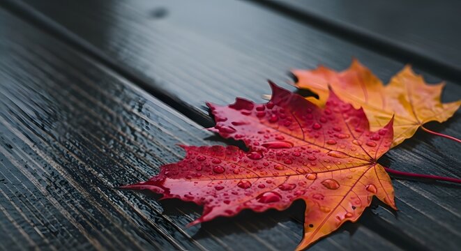 Vibrant red and orange maple leaves covered in fresh raindrops on dark wet wooden planks for autumn weather concept and seasonal mood