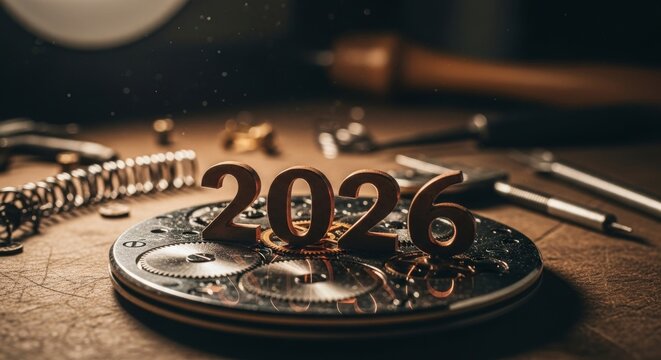 Year 2026 Timepiece Gears Concept - A conceptual timepiece showing the year 2026 with gears and watchmaking tools