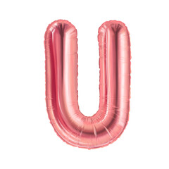 Letter U pink foil balloon hand drawn illustration with shine. Puffy metallic shape with soft highlight. Great for birthday card design and holiday decor. Ideal for luxory Valentine Day poster.