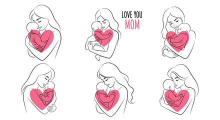 Line art illustrations of mothers tenderly holding their babies, with pink heart shapes symbolizing deep maternal love and affection.