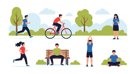 People of various ages participate in healthy outdoor activities like running, cycling, exercising, and meditation in a sunny park landscape.