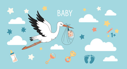 Stork delivering a newborn baby in a blue bundle, surrounded by playful baby items, clouds, and stars on a gentle blue background.