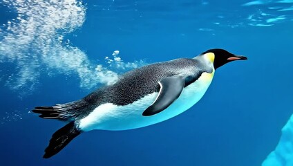 Emperor penguin swimming underwater with bubbles near blue ice