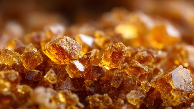 Close-up of golden brown sugar crystals sparkling under light.